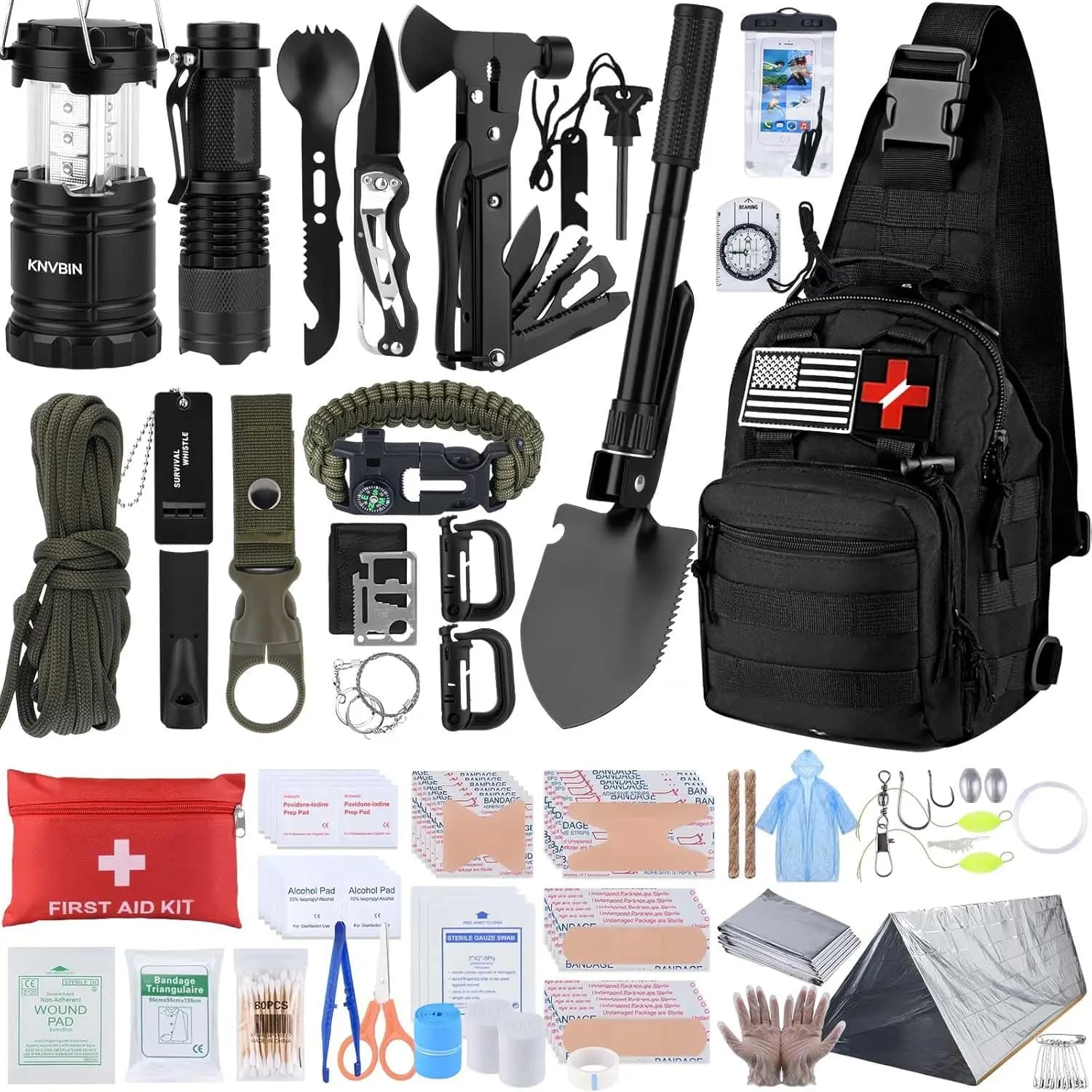 Kit di Sopravvivenza da 250 Pezzi con Pronto Soccorso, Attrezzatura Tattica, Tenda d'Emergenza e Borsa a Tracolla per Avventure all'Aperto e Regali