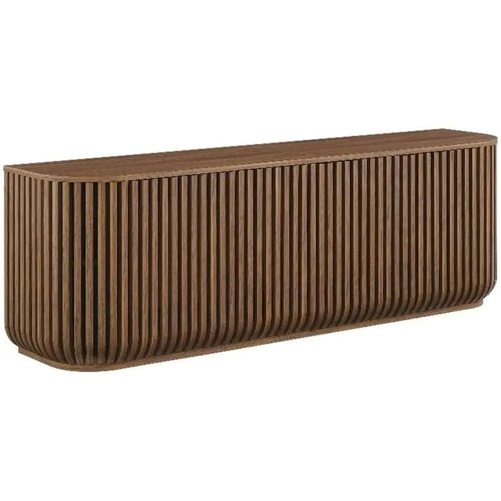 Credenza Curva in Noce da 75 Pollici con 4 Ante, Ripiani Regolabili, Gestione Cavi e Armadietto Portaoggetti
