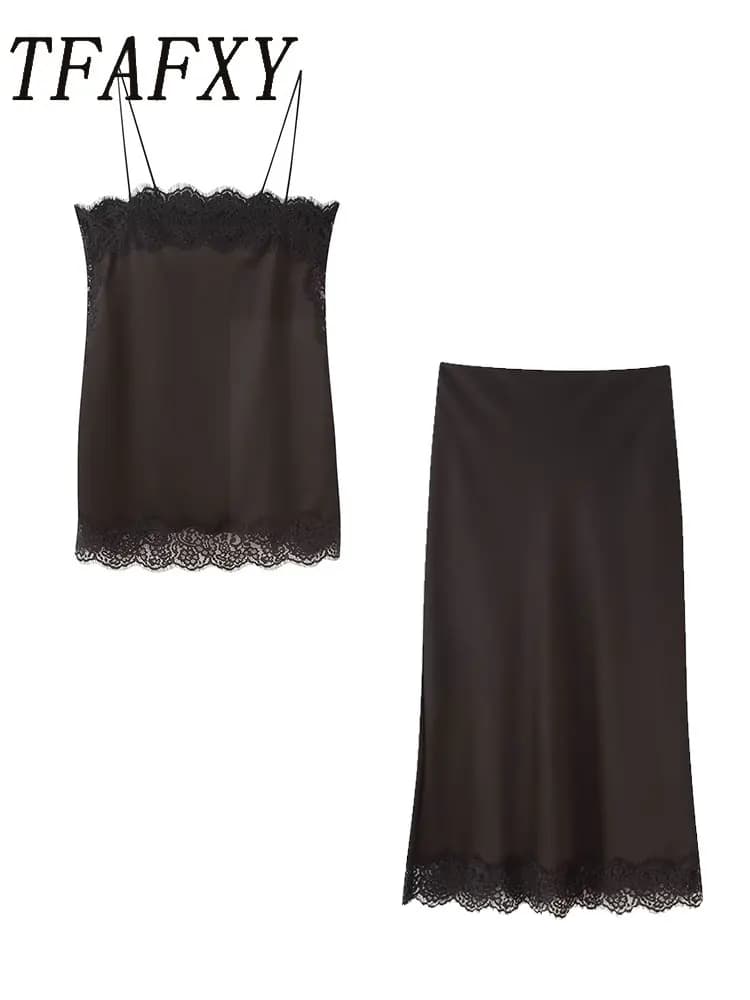 TFAFXY Vintage Casual Women Brown Solid Lace Suit Cami Short Top Loose Long Straight Skirt New Fashion 2025 Holiday Set