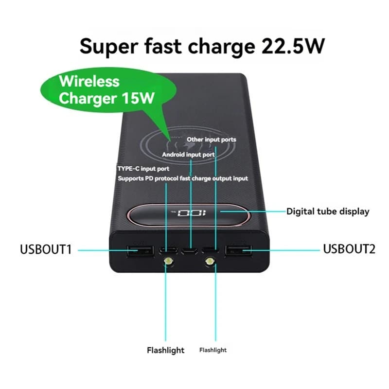 No Battery 10/12 18650 Batteries Power Bank Case Charging 22.5W QC3.0 PD3.0 TYPE C Wireless 15W Charge Storage Box B-A23U