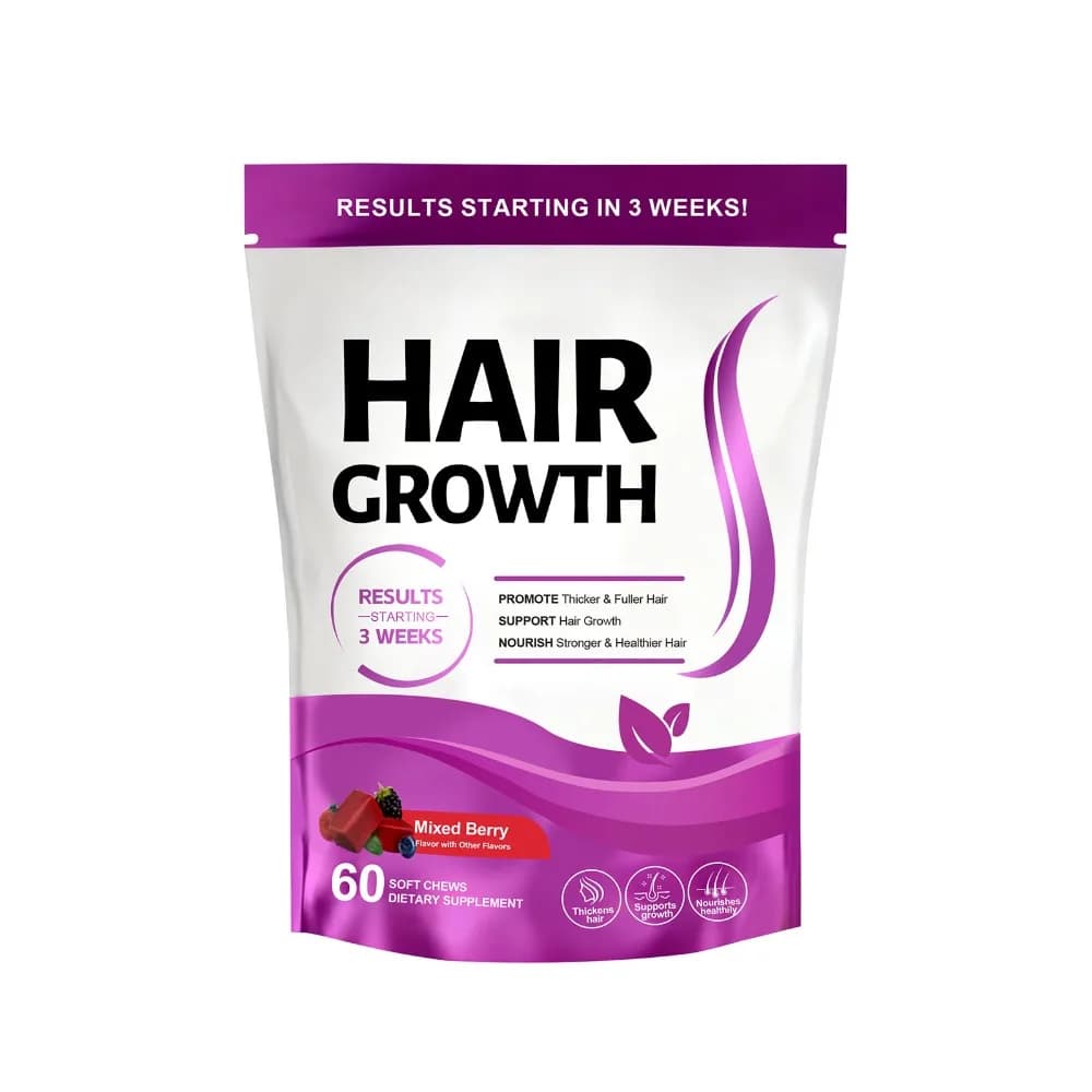 Integratore Alimentare per la Crescita dei Capelli, 60 Compresse Morbide con Biotina, Collagene, Vitamina C ed E, Gusto Frutti di Bosco, per Uso Quotidiano