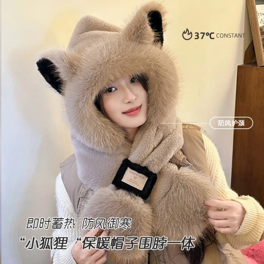 Nice set of hats and women's scarf with fur ears, winter knitted hood scarf for cycling