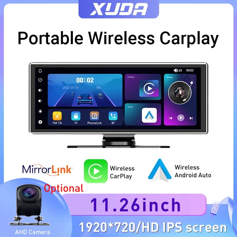NEW 10.26/11.26 inch IPS touchscreen multimedia video player, portable dashcam with dual lens design and CarPlay/Android Auto wireless.