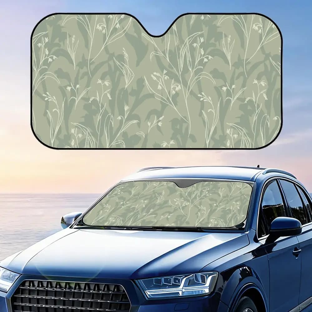 Sage Green Floral Pattern Sun Visor Foldable Universal Car Windshield Sun Shade UV Protection Heat Insulation Foldable Cover