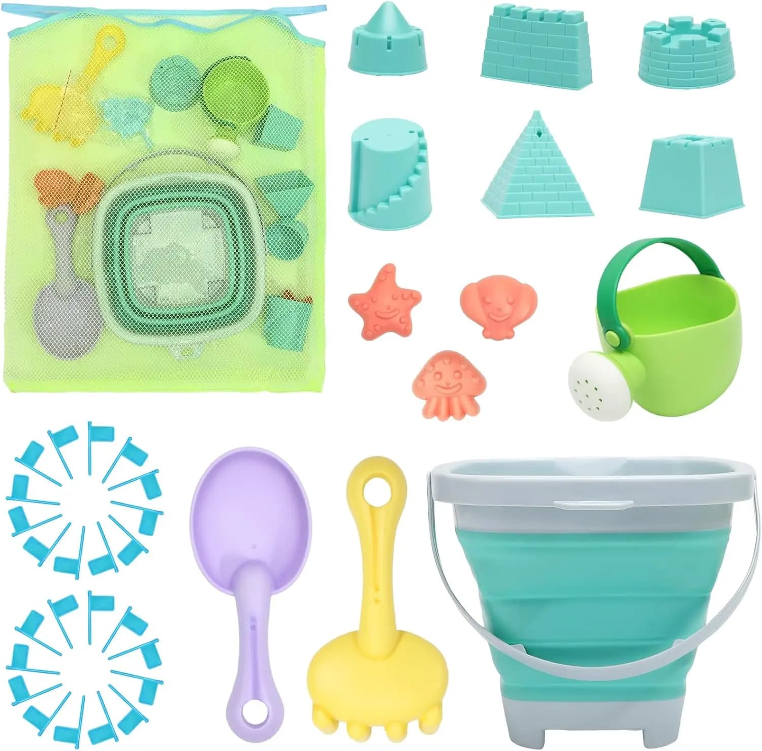Set di Giocattoli da Spiaggia Pieghevoli per Bambini, 38 Pezzi con Secchiello, Palette, Stampi e Borsa a Rete, Formato da Viaggio