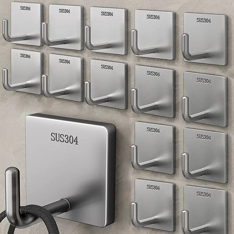 Heavy Duty Stainless Steel Adhesive Towel Hook Sticky Hanging Bathroom Kitchen Storage Holder Silver Hanger for Home Organizatio