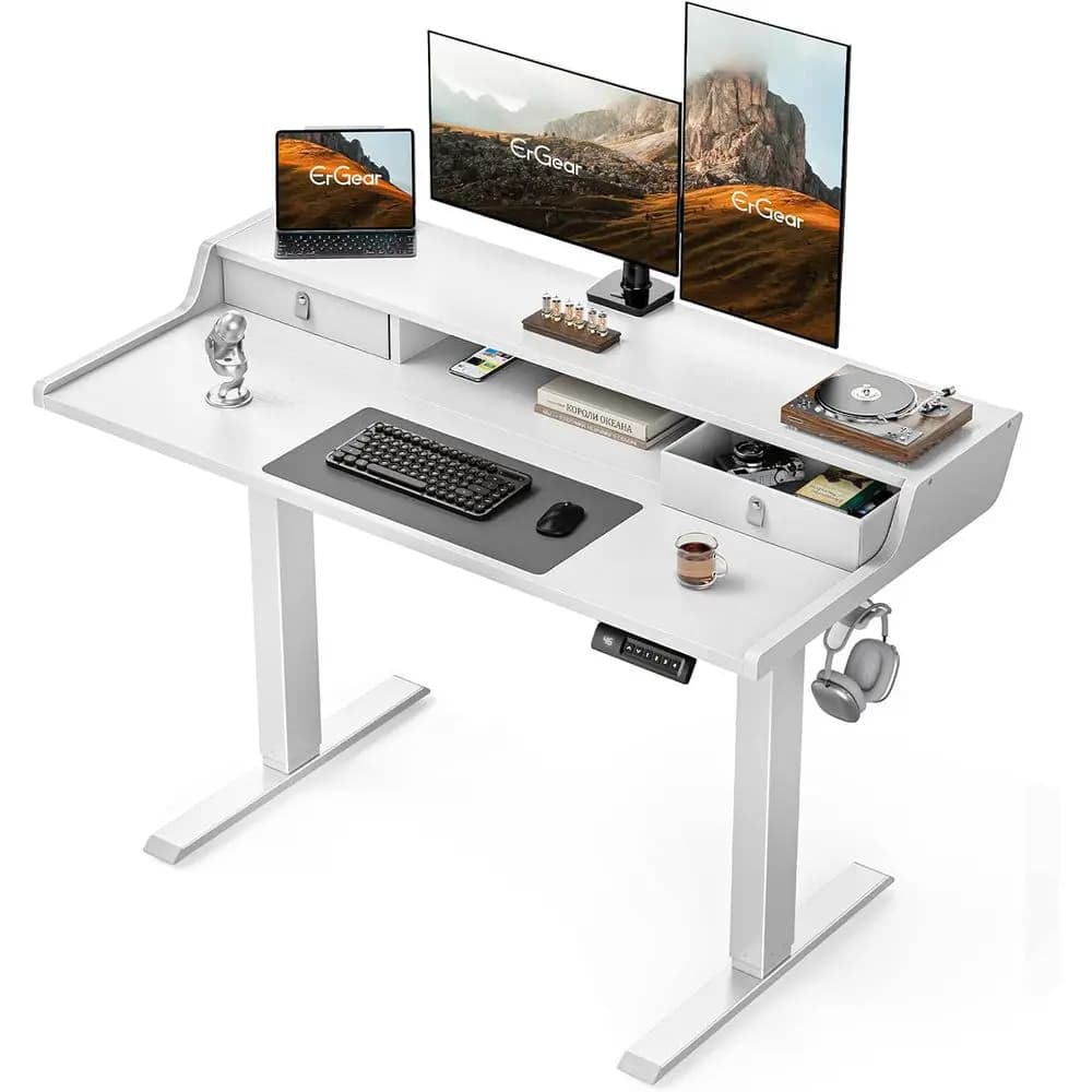 Scrivania Regolabile in Altezza con Ripiano Portaoggetti, Tavolo da Gaming 48x24, 4 Altezze Preimpostate, Bianco