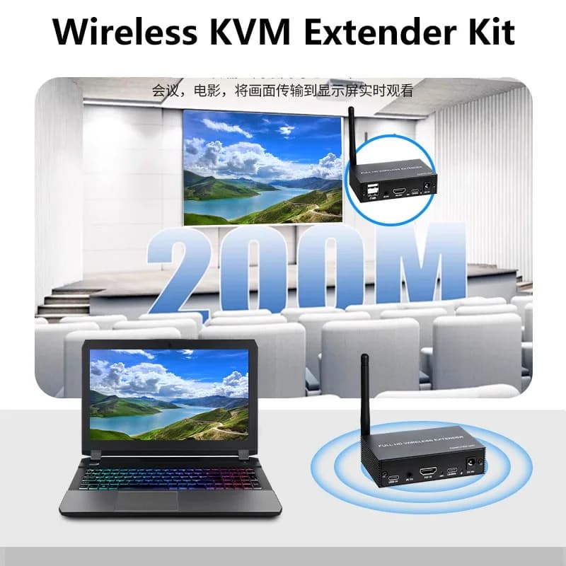 Trasmettitore e Ricevitore Video Wireless 200m, Extender KVM HDMI 1080P, Adattatore Display per Fotocamera, DVD, Laptop, PC a TV, Proiettore