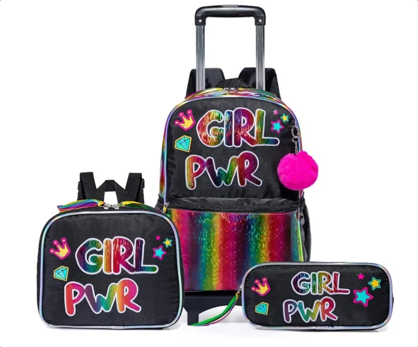 Set di zaini con ruote per ragazze 3 in 1, zaino trolley per bambini, zaino con ruote per ragazze, valigia da viaggio per bambini