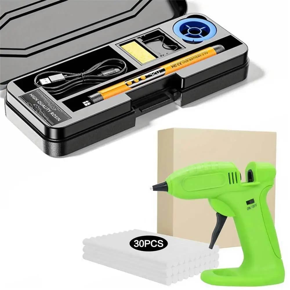 Cordless Hot Glue Gun (Fast-Heat, Portable). Paired with Rechargeable Mini Soldering Iron (Adjustable Temp), Perfect for Creative DIY Repairs & Electronics Assembly.