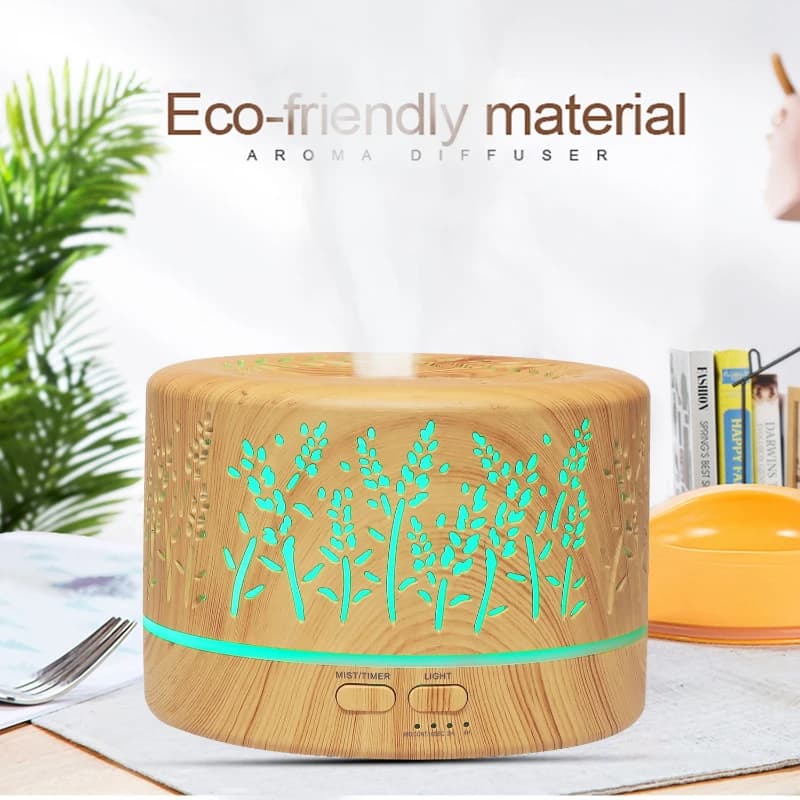 700ml Large Capacity Hollow Out Lavender Wood Grain Aroma Diffuser with Colorful Lighting and Air Humidification Aroma Machine