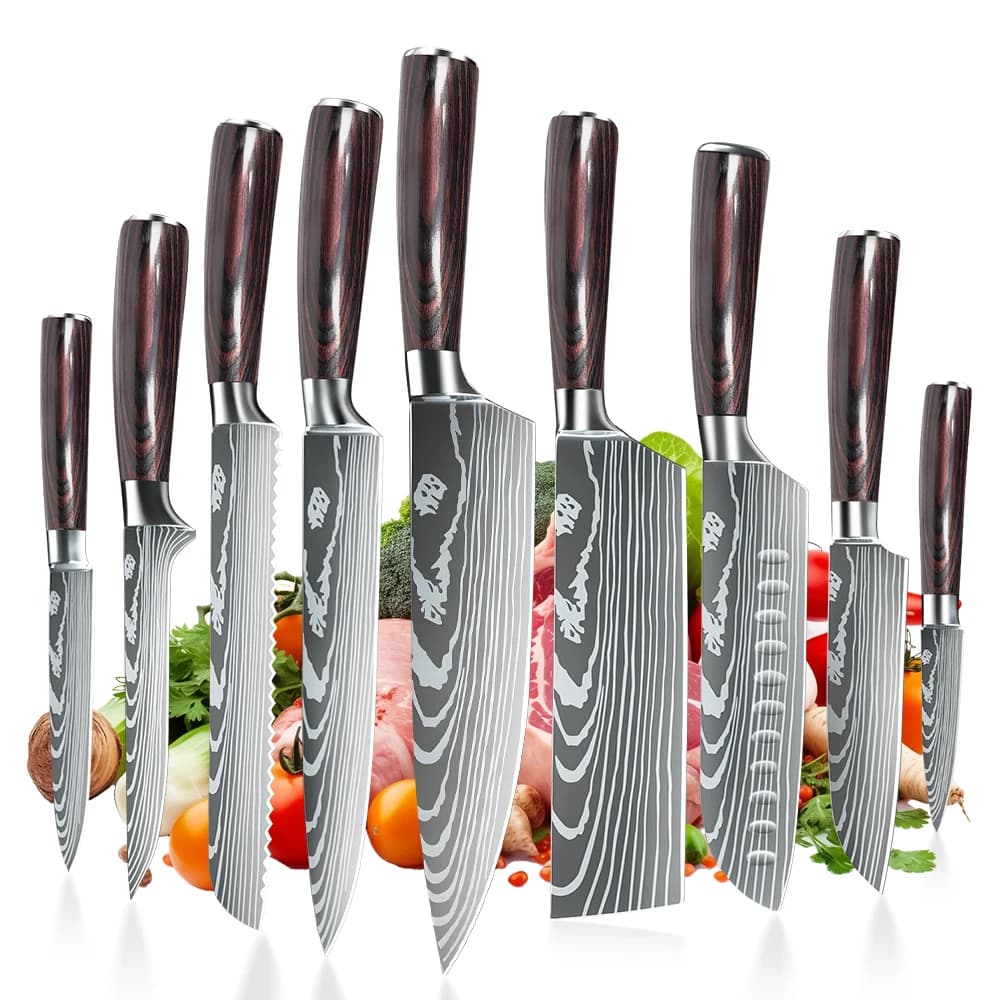9 tipi di coltelli da cucina in acciaio inossidabile, coltello da cuoco giapponese, mannaia per carne, Santoku, pane, bisagrassi, affettare, coltello da frutta con confezione regalo