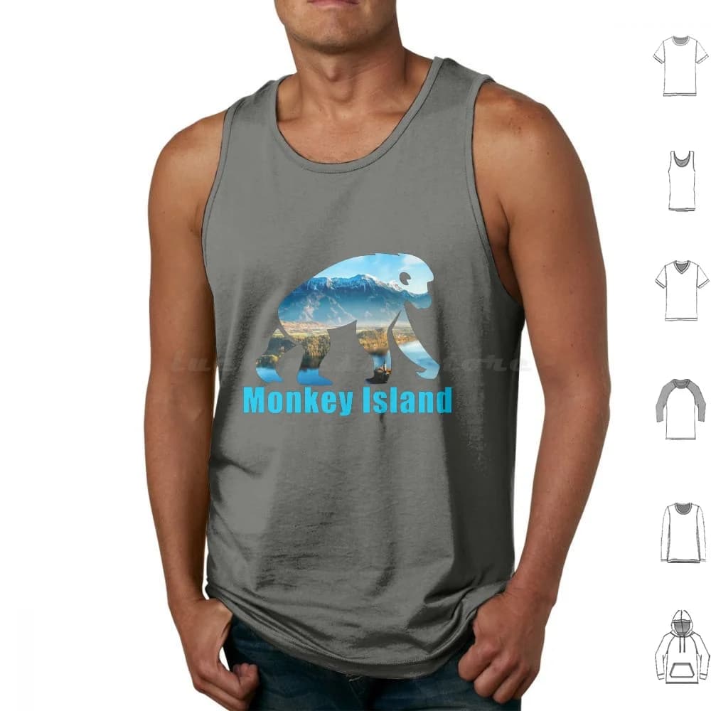 Canottiere Monkey Island Canottiere senza maniche Farmyard Farm Life Farm Monkey Island Amanti delle scimmie Monkey Guybrush Island Pixel