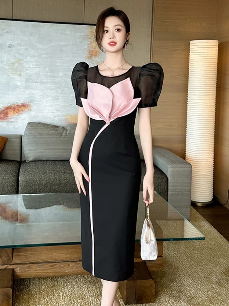 Summer fashion elegant occasion formal evening dress transparent woman dress Sexy or floral neck Thin Midi pencil Robe party dresses