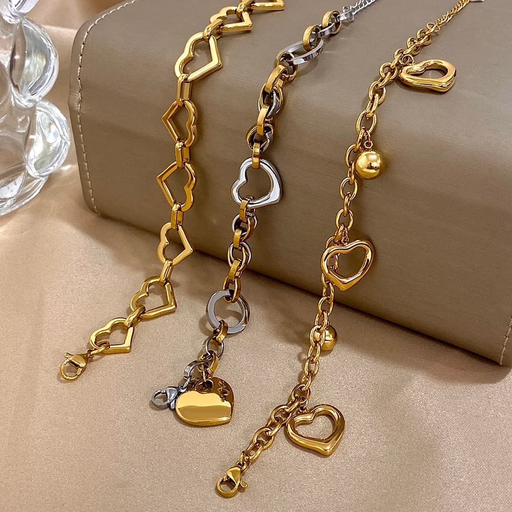 Greatera Bracciale rigido in acciaio inossidabile bicolore per donna Uomo Moda Geometria Modello d'amore Bracciale a catena con perline scavate