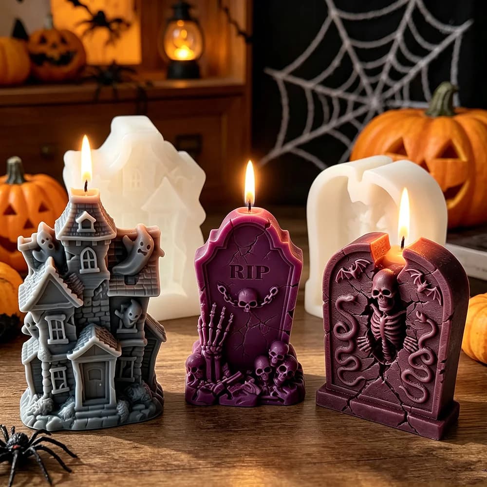 Stampo in silicone per lapide di Halloween, casa fantasma, scheletro, candela profumata, gesso, sapone, resina, artigianato, decorazione per la casa