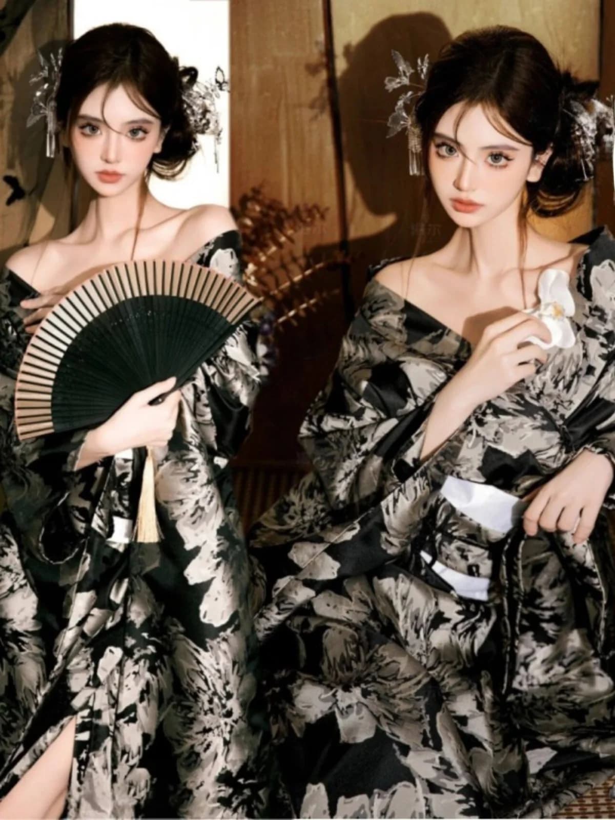 New Style Kimono Bathrobe Photography Costume Traditional Japanese Style Travel Photography Young Girl Black Gang Princess