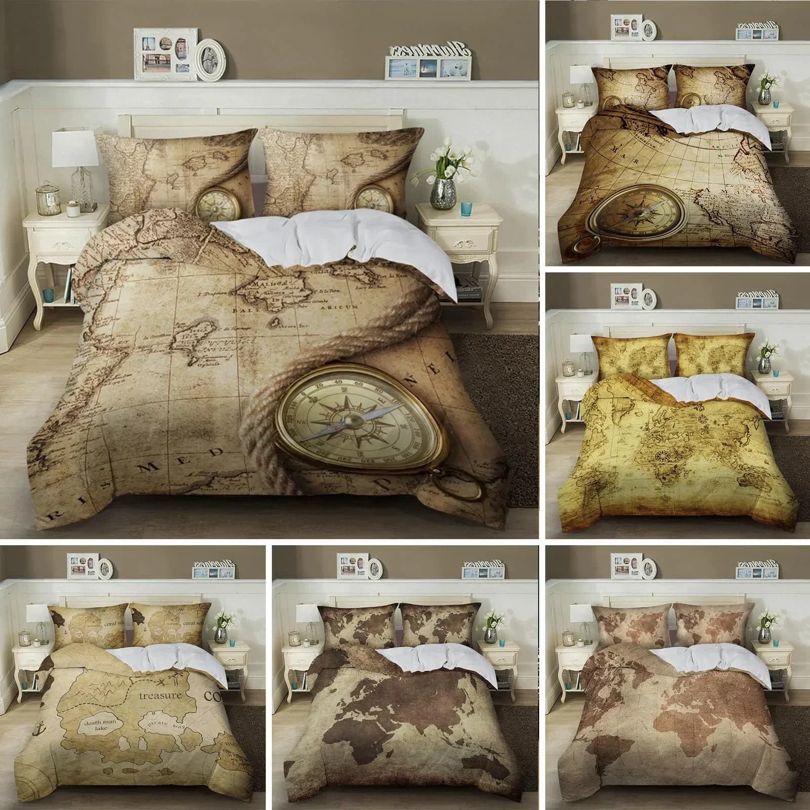Set biancheria da letto con mappa nautica King Queen Marrone Stile vintage Mappa del mondo marino Bussola Copripiumino Mappa dell'oceano Copripiumino in poliestere