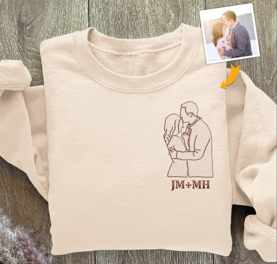 Felpa ricamata con ritratto personalizzato, felpe ricamate per coppie, felpa con cappuccio per ritratto di matrimonio di coppia, contorno fotografico di ritratto
