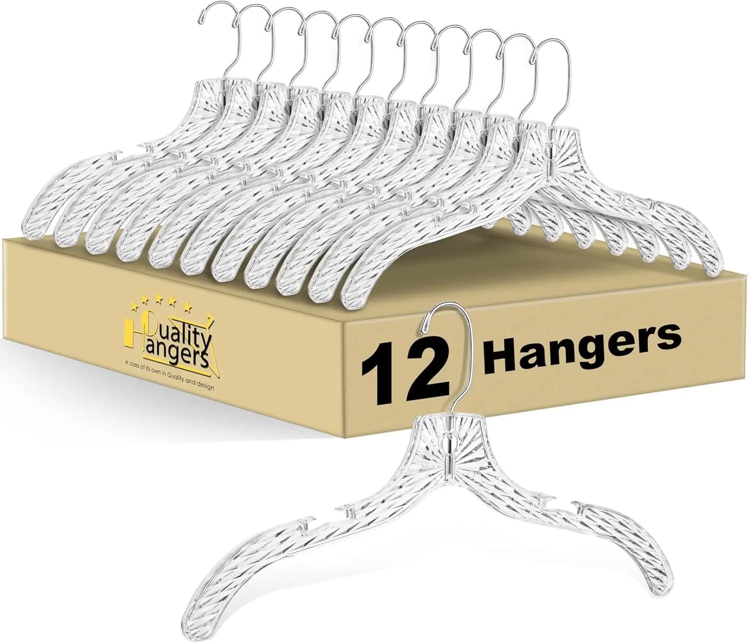 Pack of 12 Transparent Plastic Hangers - Design Crystal Resistant for Clothes, Shirts, Coats and Dresses