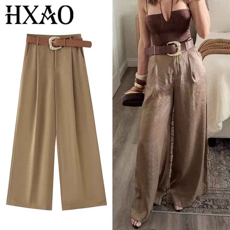 HXAO Pantaloni da donna Pantaloni a gamba larga a vita alta con cintura Pantaloni lunghi in raso Tasche Pantaloni larghi casual Pantaloni eleganti da donna estivi