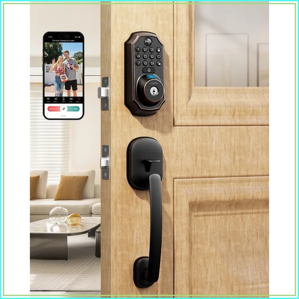 5-in-1 WiFi Smart Lock with Camera, Doorbell, Fingerprint & Keypad, Auto Lock, Easy Install, Waterproof for Front Door (Black)