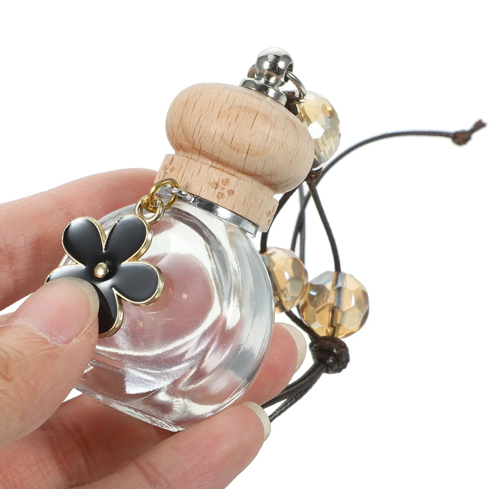 Set di 5 Bottiglie per Profumo Auto, Piccole Bottiglie Decorative a Forma di Margherita, Diffusori in Vetro, Legno e Metallo