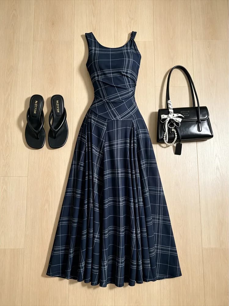 Summer Casual Stripe Sleeveless Dress Women's Size Age Reduction Vest Skirt Clean Fit Waist Cinch Polyester Fiber
