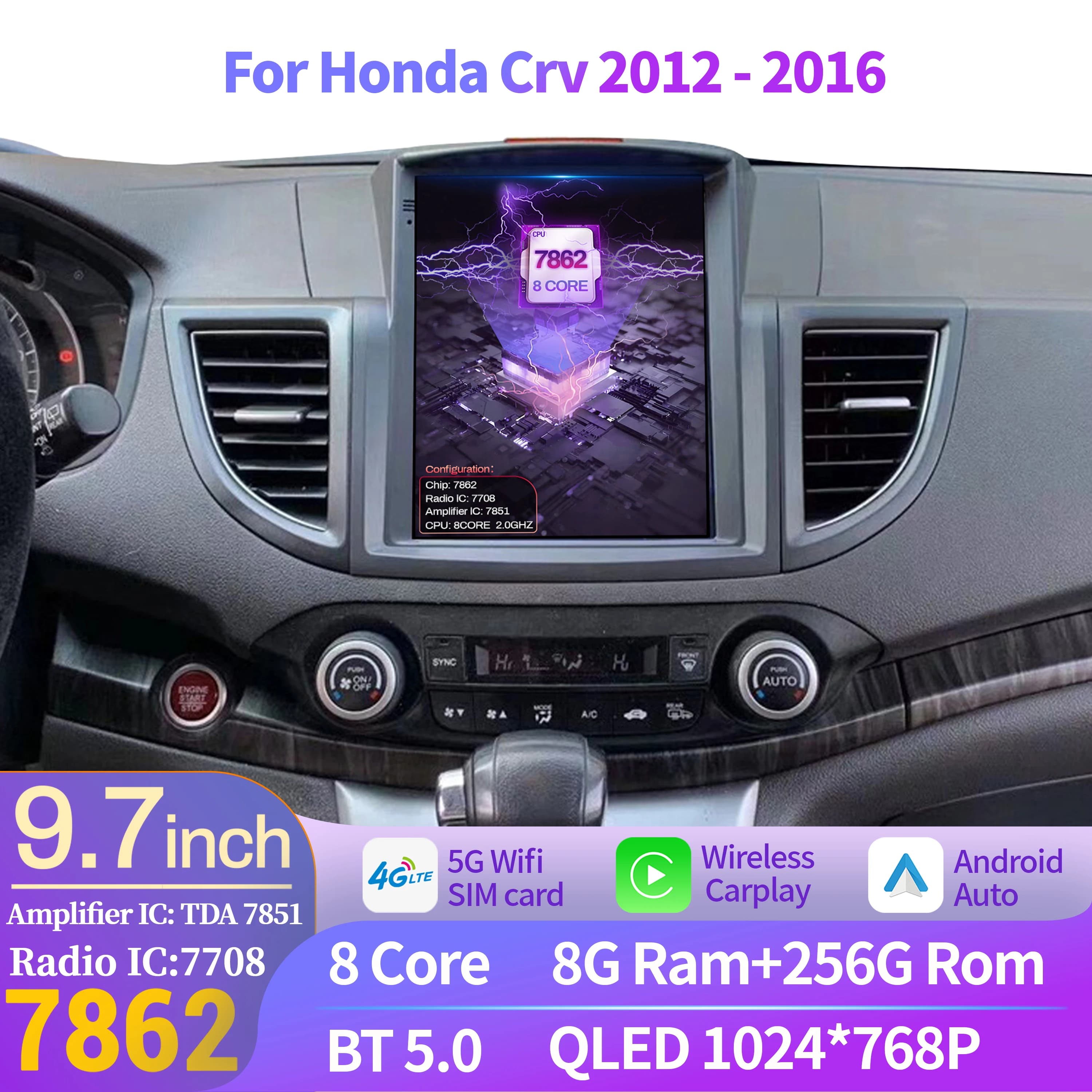Autoradio da 9,7 pollici multimediale per Honda Crv 2012-2016 Android 14 Wireless Bluetooth Carplay 4G GPS unità principale schermo QLED