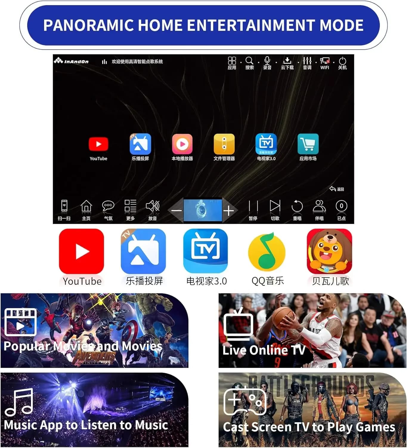 Set Karaoke InAndOn 18.5" con HDD da 4TB, Macchina KTV Cinque in Uno con Microfono Wireless, Set Karaoke Professionale