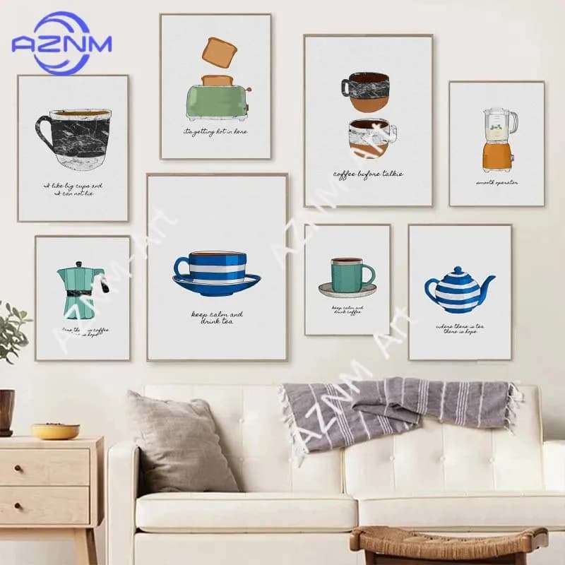 Paintings on canvas with toaster, teapot, coffee maker, kettle, blender, posters and Nordic prints, wall images for kitchen decor.