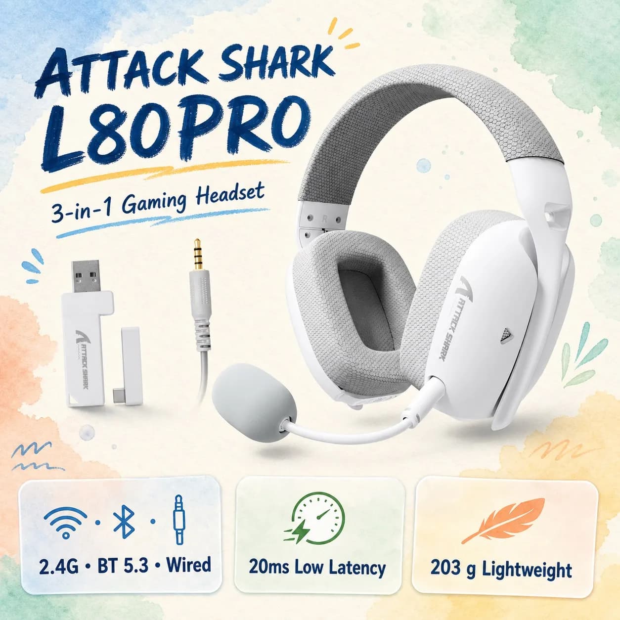 ATTACK SHARK L80PRO Ultra‑Light 3‑in‑1 Gaming Headset Detachable Dual Microphone 20ms Low Latency 25H Playback For Game