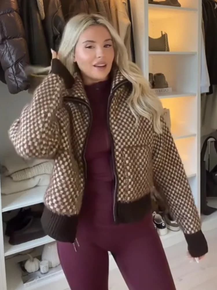 HH Giacca bomber lavorata a maglia con cuciture effetto pelliccia artificiale a maniche lunghe con risvolto elegante da donna Giacca versatile con tasca con cerniera