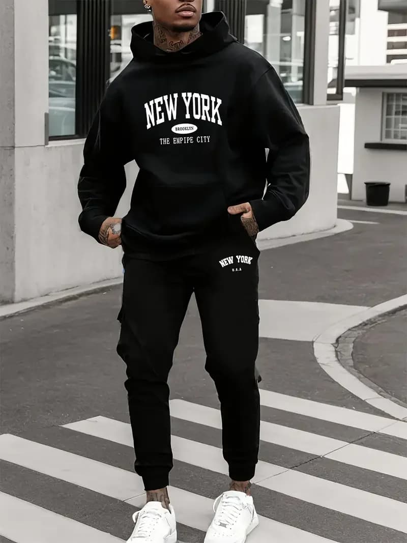 Men's sports suit - Sports jacket set with hood print letters New York spring-summer, casual style long sleeves with comfortable pockets