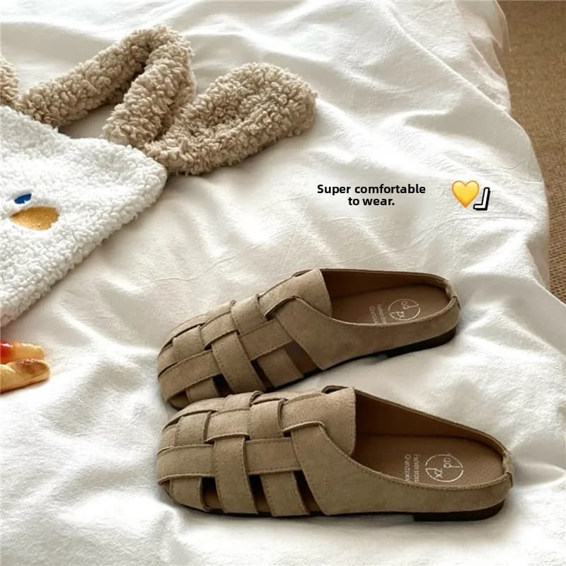 Laid-back Woven Hollow out Breathable Slip-On Summer Flat Bottom Anti-slip Women's Sandals Comfortable Slipper Style Footwear
