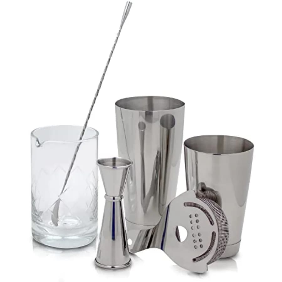 Set Professionale da Barman per Cocktail Agitati: Shaker Boston, Strainer Hawthorne, Jigger Giapponese, Bar Spoon