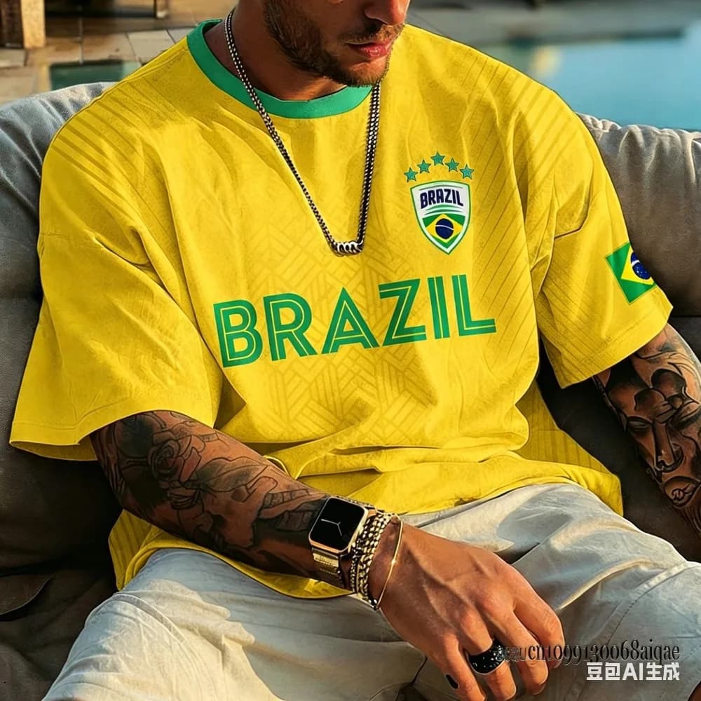 Nuova Maglia Estiva della Nazionale Brasiliana con Stampa 3D, T-shirt da Calcio per Famiglia, Comoda e Adatta per lo Sport