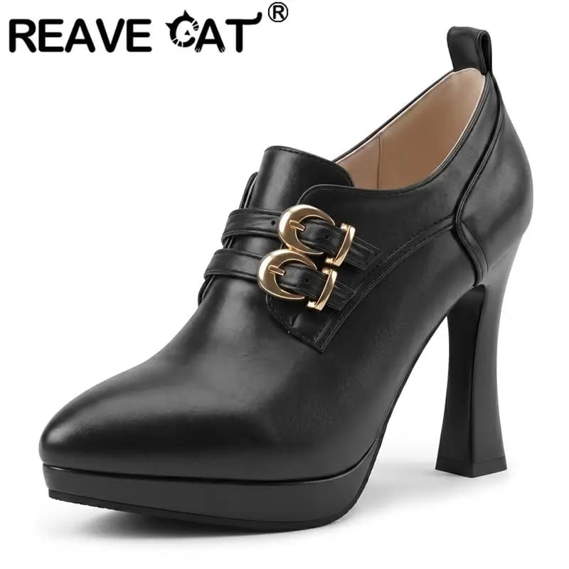 REAVE CAT Scarpe da Donna Beige con Tacco a Blocco 10,5 cm, Punta Affusolata, Plateau 2 cm, Slip-On con Fibbie, Taglie Grandi 48 49 50, Scarpe da Ufficio