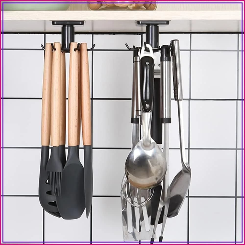 2Pcs 360° Rotation Under Cabinet Hooks, Adhesive Kitchen Hooks for Utensils/Tools/Towel/Knife