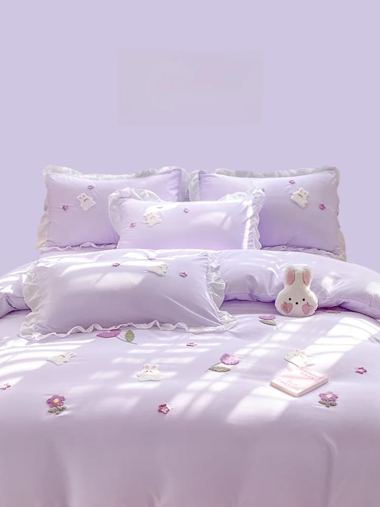 Cotton Style Princess Bed Linen Set with Purple Tulips and Rabbits, 4 Pieces: Bed linen, Bed linen, Bed linen, Wardrobe with Lace Edge, Bed linen in Pure Cotton