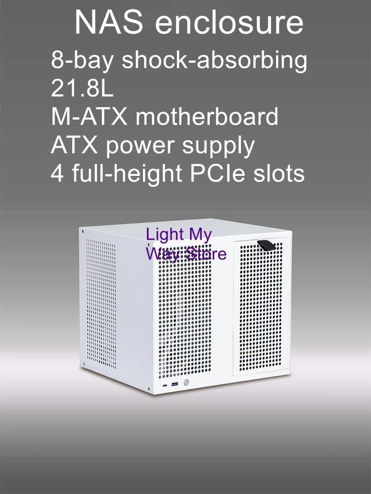 Chassis NAS a 8 alloggiamenti, scheda madre MATX, alimentatore ATX, backplate SATA, PCIe full-height, archiviazione domestica