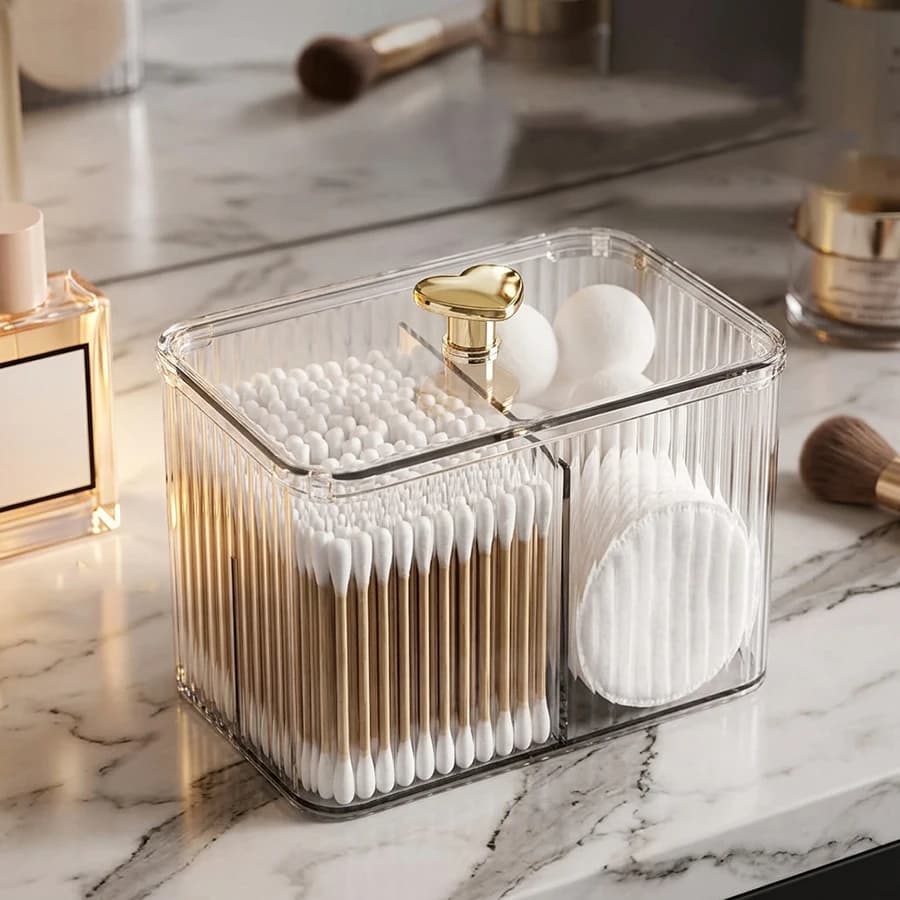 Contenitore porta bastoncini di cotone/imbottigliette di cotone per bagno, dispenser a 3 scomparti, barattolo organizer per cosmetici da toeletta