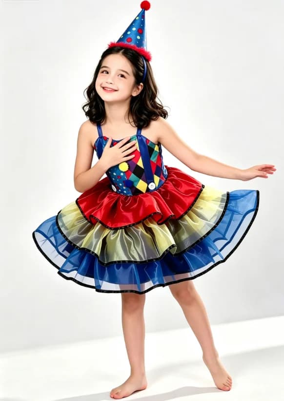 Girls Colorful Clown Tutu Dress Costume with Polka Dot Party Hat