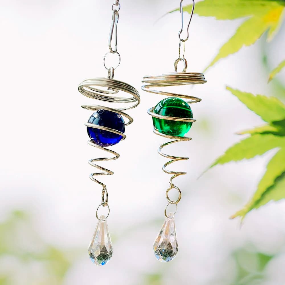 Stainless Steel Spiral Wind Chimes Crystal Ball Wind Spinner Pendants Rotating Hook Home Nursery Garden Yard Wall Hanging Decor