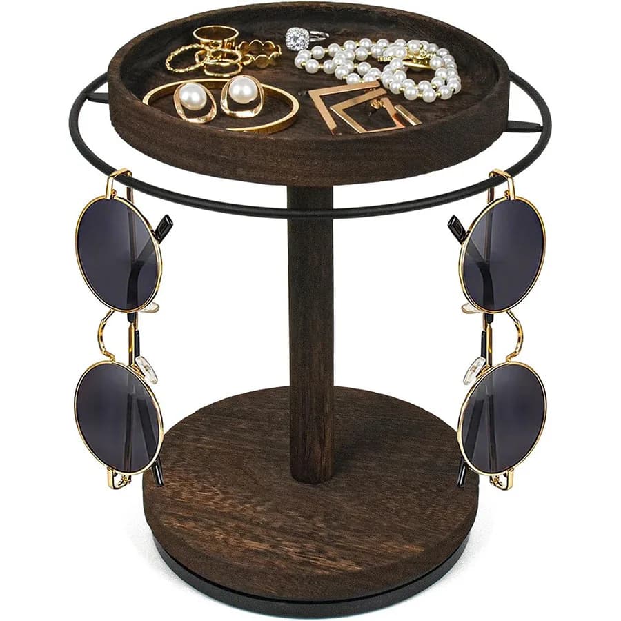 Sunglass Organizer 360 Degree Rotating Sunglasses Stand With Tray And Base Wooden Eyeglass Display Rack For Bedroom Desk Bedside