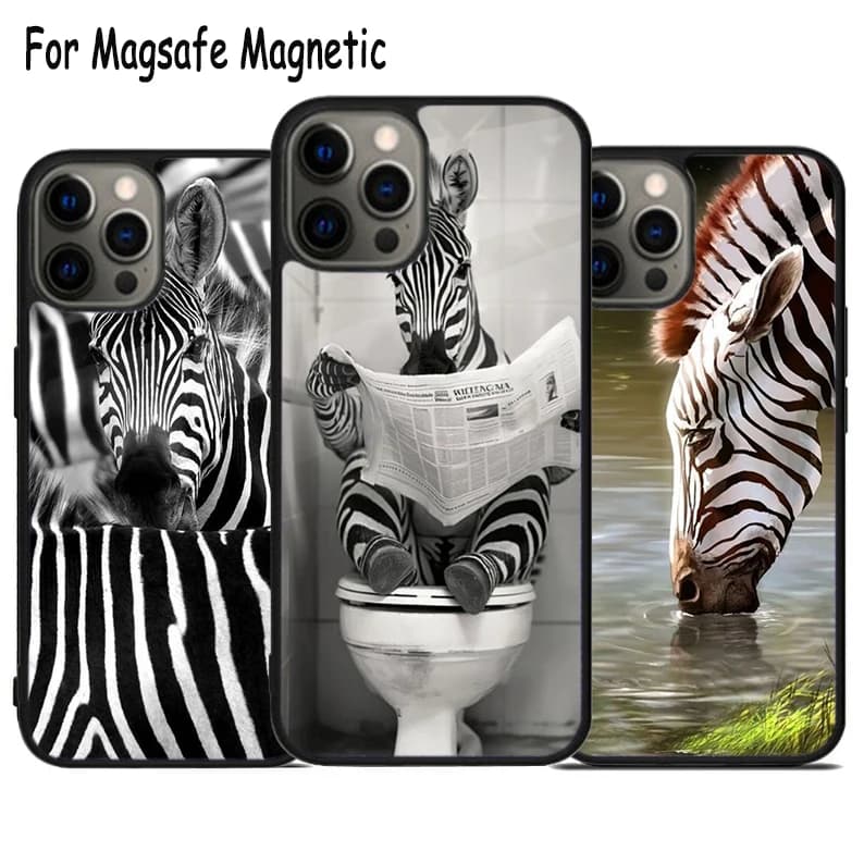 Cover per telefono con ricarica wireless a forma di zebra per iPhone 17 Air 15 16 16e 14 13 11 12 Pro Max Plus, cover magnetica Magsafe con paraurti