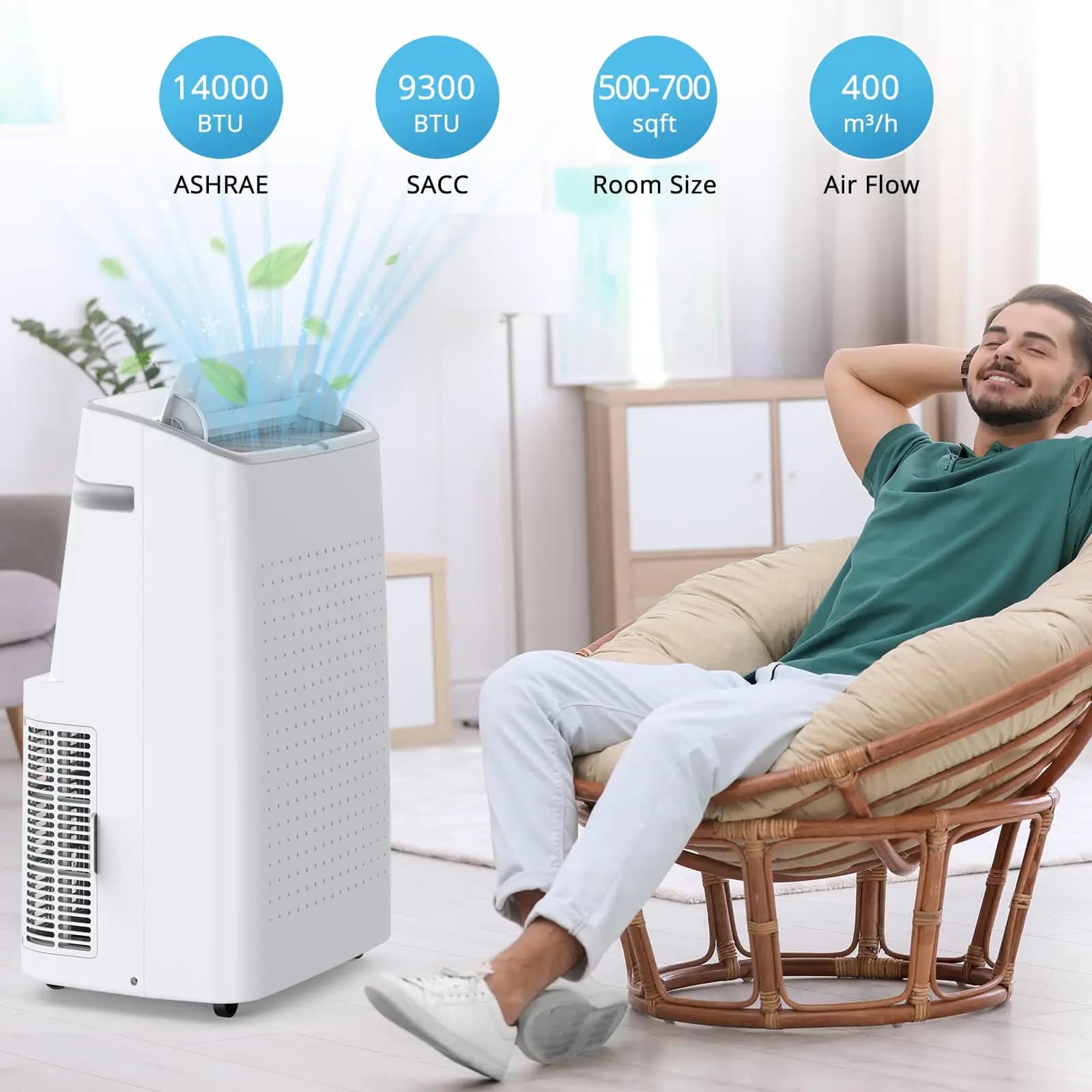 Condizionatore d'aria portatile da 14000 BTU per 750 mq Unità AC per Stanza 3-in-1 con Deumidificatore, Ventilatore e Kit per Finestra, Telecomando Incluso