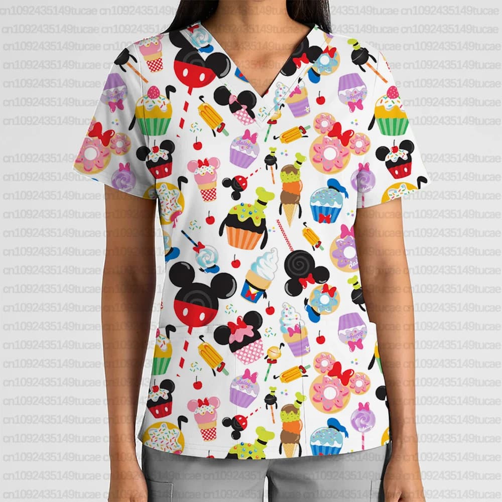 Disney Mickey Minnie Uniforme da infermiera Stampata con scollo a V Tasca Scrub Top Pendolare da donna Uniforme da infermiera T-shirt per salone di bellezza dentale