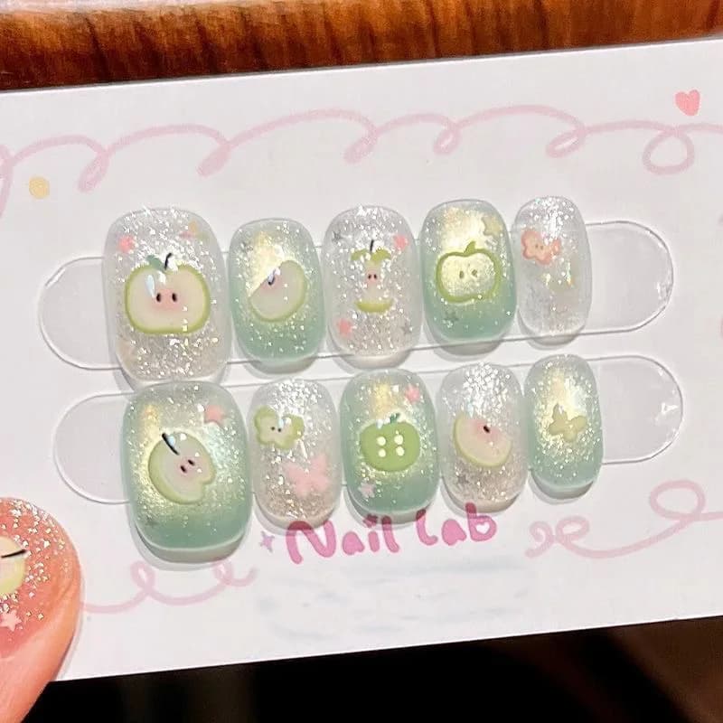 10 pieces handmade cute nail tip fake short girls Weable romantic decoration patch for fingernails detachable almond print on nails
