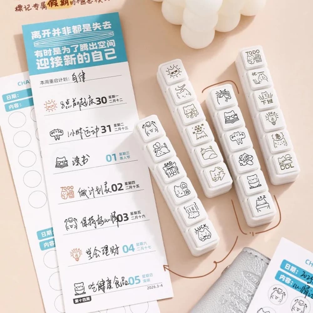Cat Emoji Stamps Seal Simple Cute Mini Cartoon Pattern Daily Life Work Mood Series DIY Scrapbooking Planner Decor Stamp Seal Set